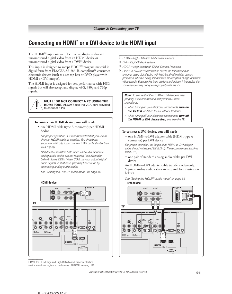 Connecting an hdmi, Or a dvi device to the hdmi input | Toshiba 62MX195 User Manual | Page 21 / 136