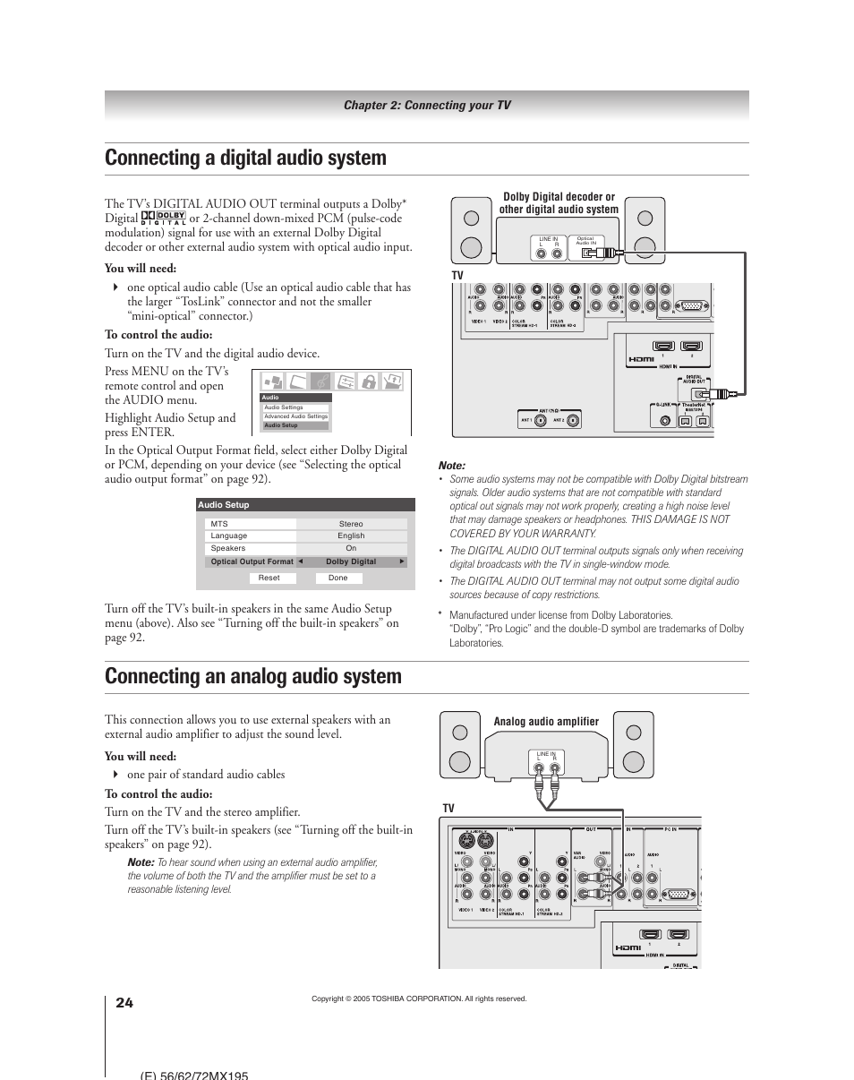 Connecting a digital audio system, Connecting an analog audio system | Toshiba 62MX195 User Manual | Page 24 / 136