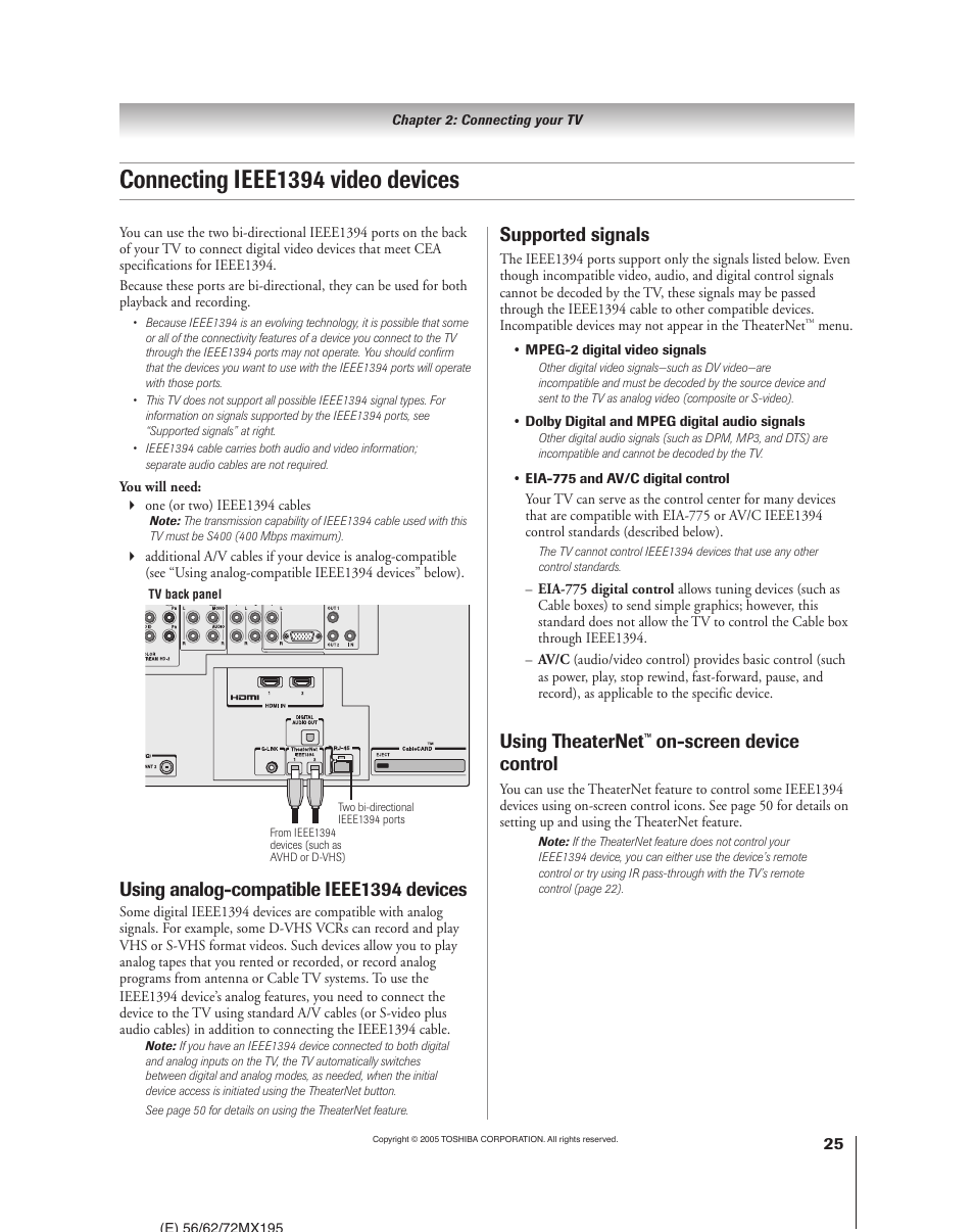 Connecting ieee1394 video devices, Using analog-compatible ieee1394 devices, Supported signals | Using theaternet, On-screen device control | Toshiba 62MX195 User Manual | Page 25 / 136