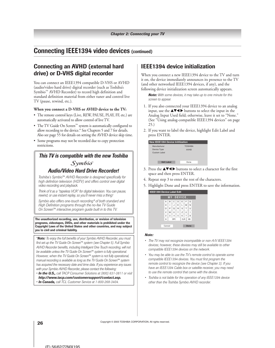 Connecting ieee1394 video devices, Ieee1394 device initialization, Continued) | Press the | Toshiba 62MX195 User Manual | Page 26 / 136