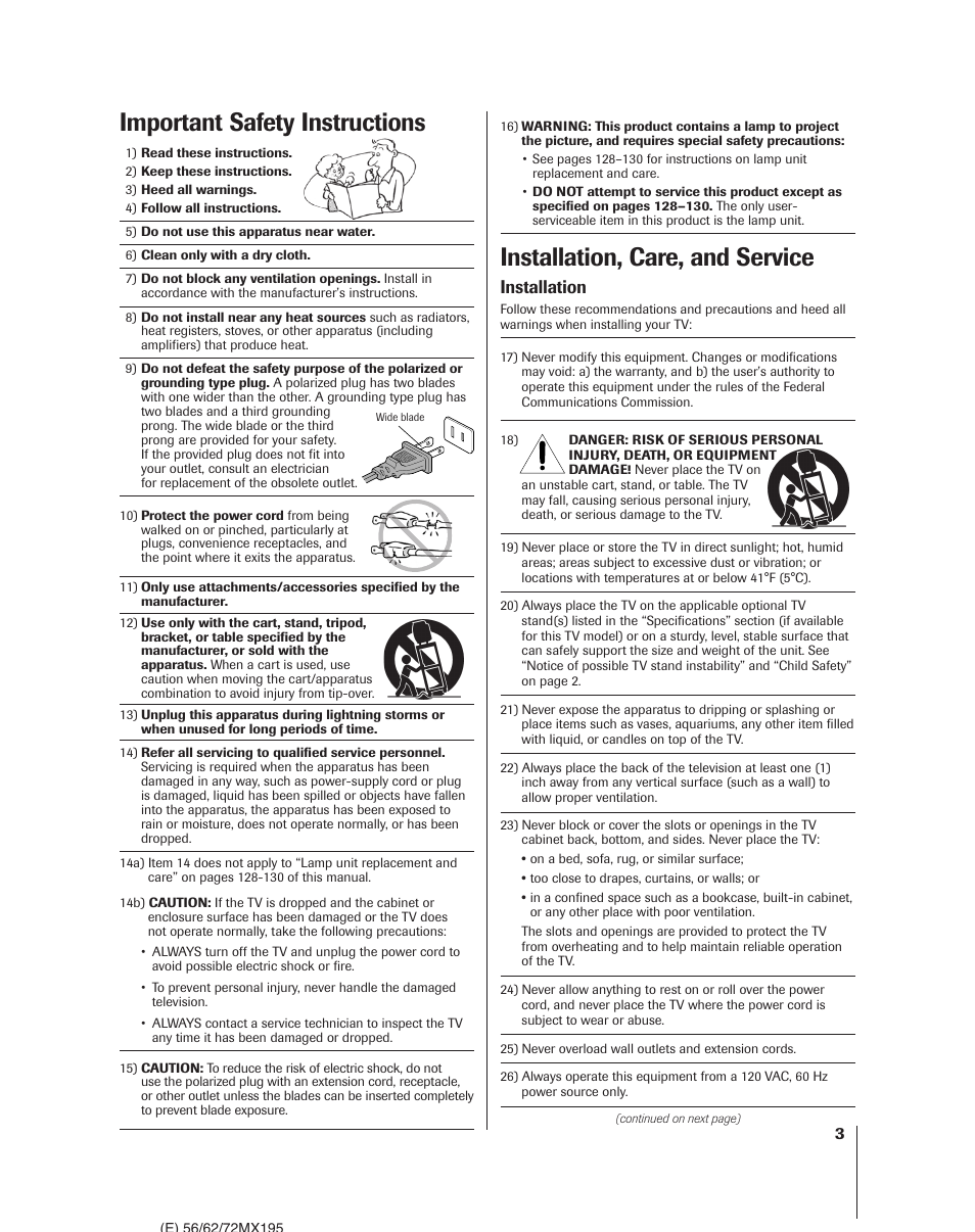 Installation, care, and service, Important safety instructions, Installation | Toshiba 62MX195 User Manual | Page 3 / 136