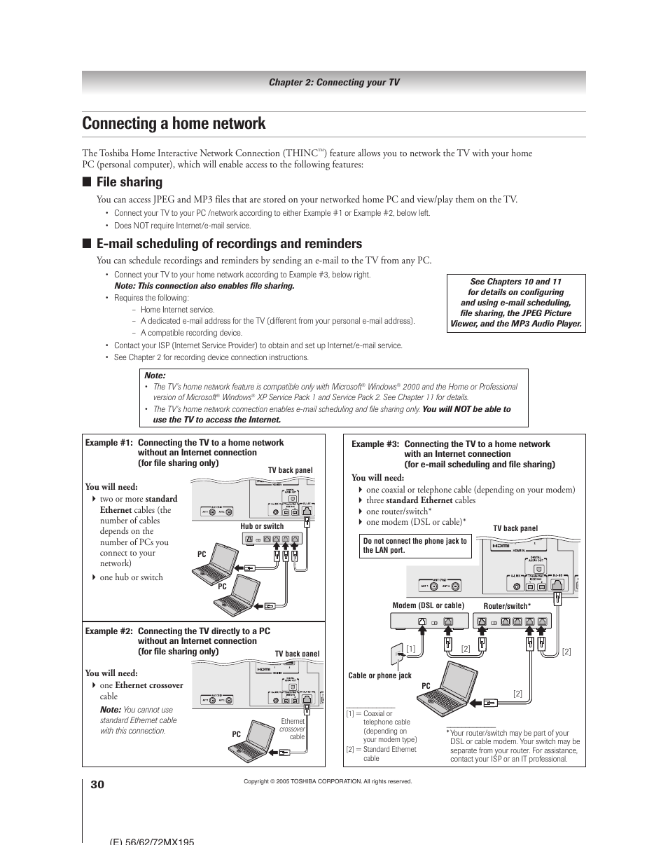 Connecting a home network, File sharing, E-mail scheduling of recordings and reminders | Toshiba 62MX195 User Manual | Page 30 / 136