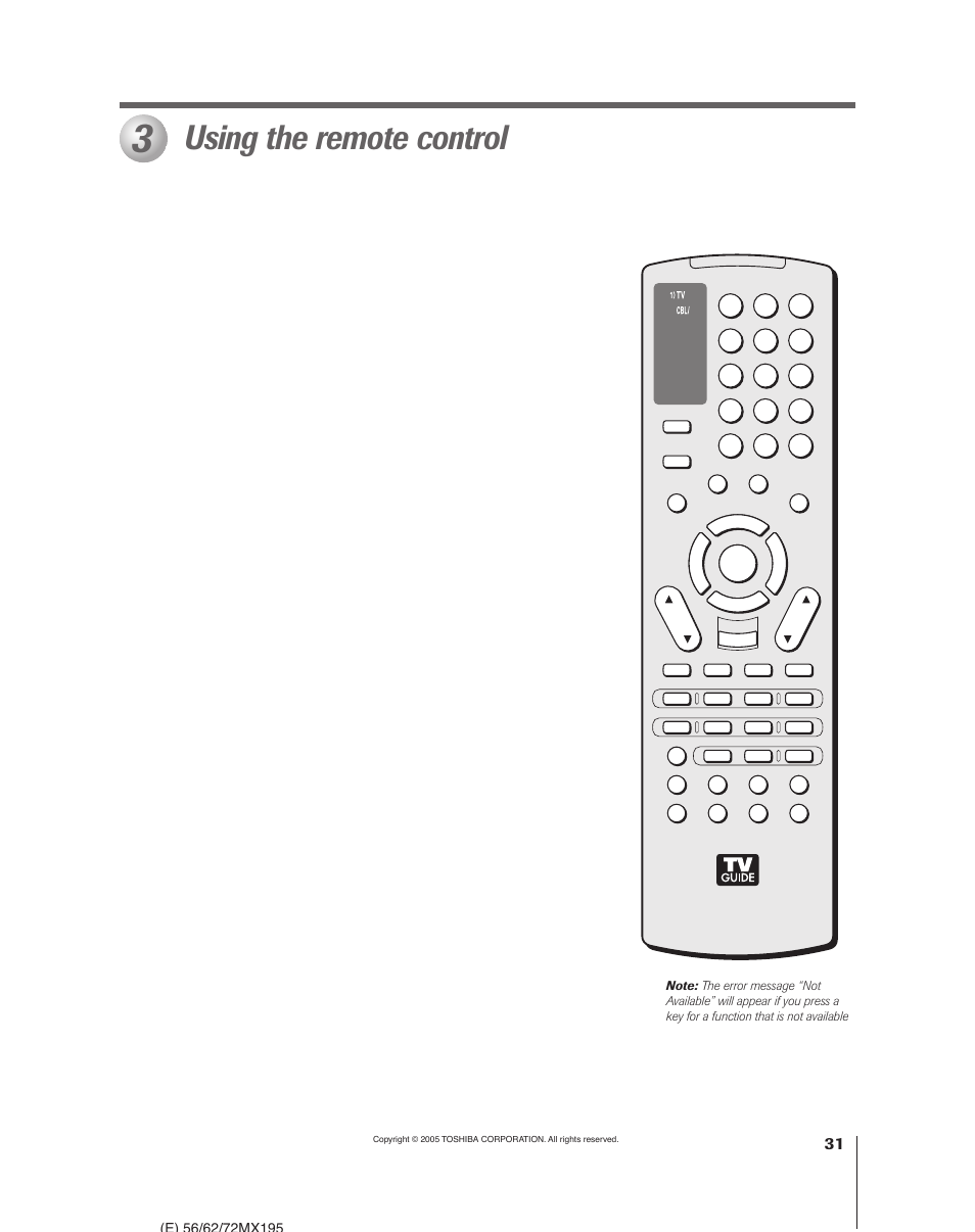 Using the remote control | Toshiba 62MX195 User Manual | Page 31 / 136