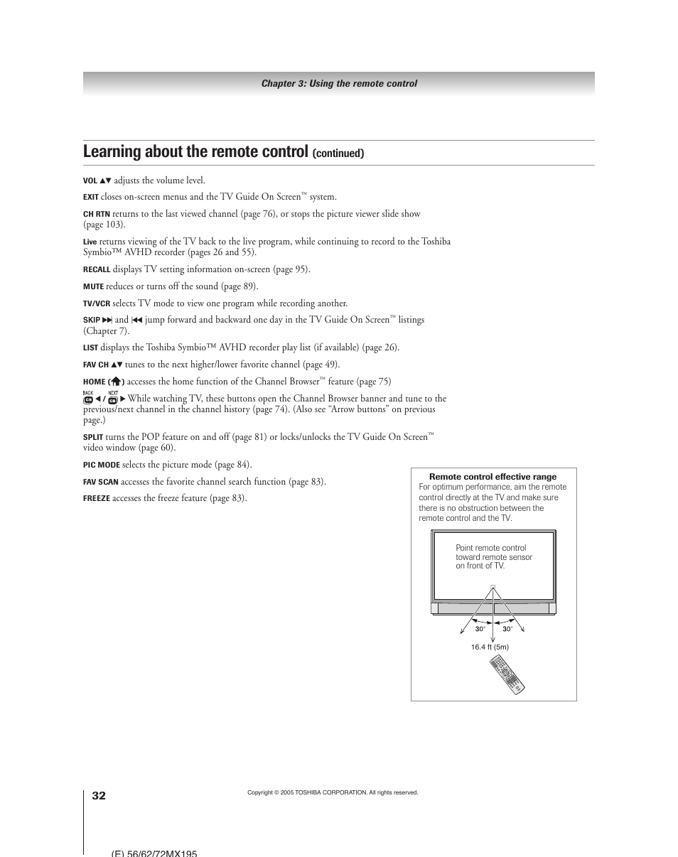 Learning about the remote control, Continued) | Toshiba 62MX195 User Manual | Page 32 / 136