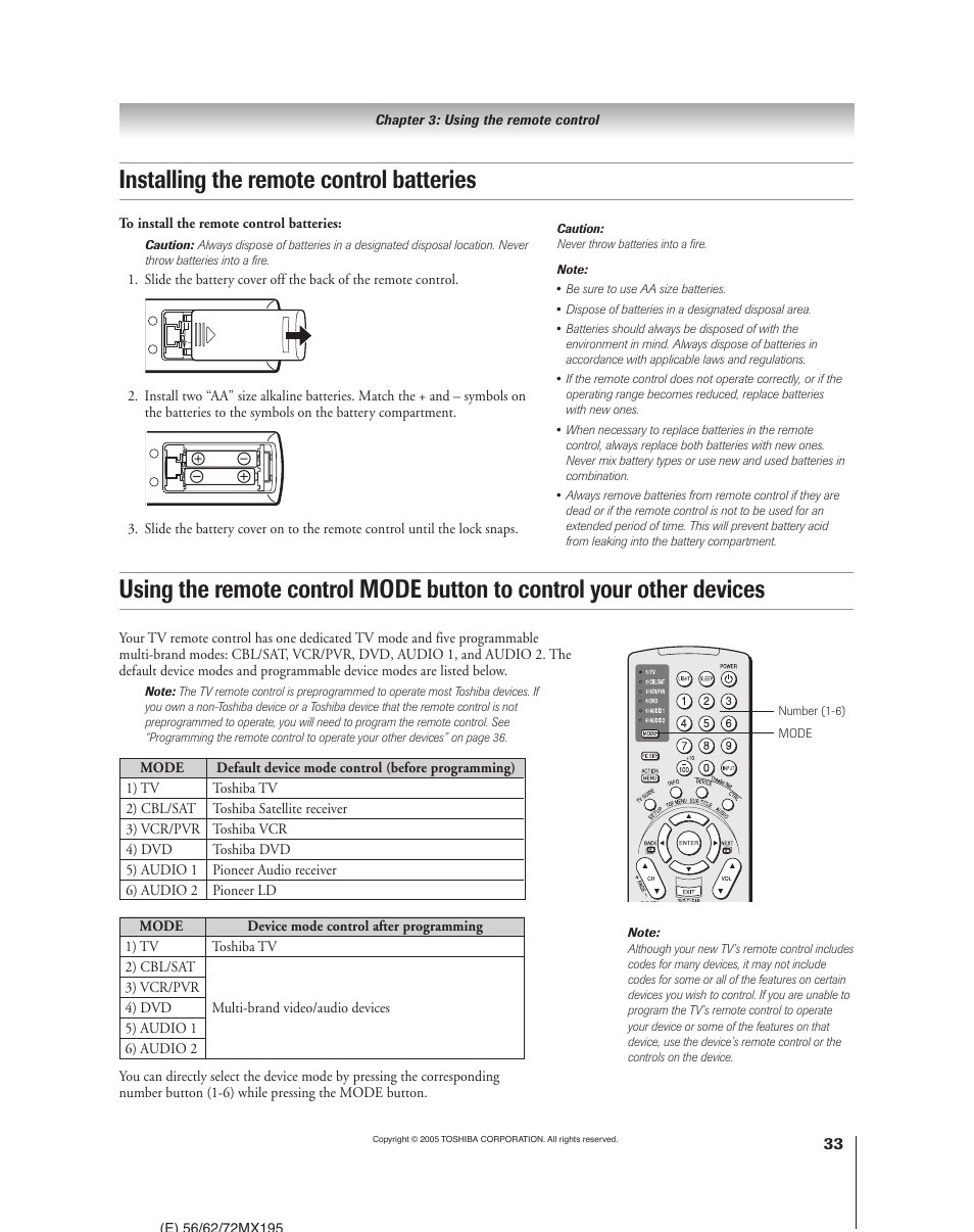 Installing the remote control batteries | Toshiba 62MX195 User Manual | Page 33 / 136