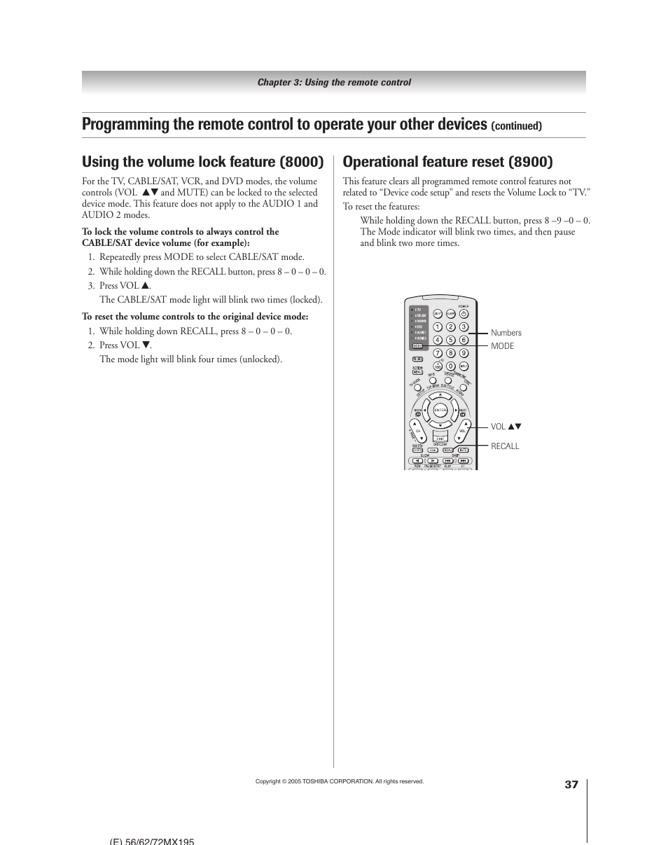 Operational feature reset (8900), Using the volume lock feature (8000) | Toshiba 62MX195 User Manual | Page 37 / 136