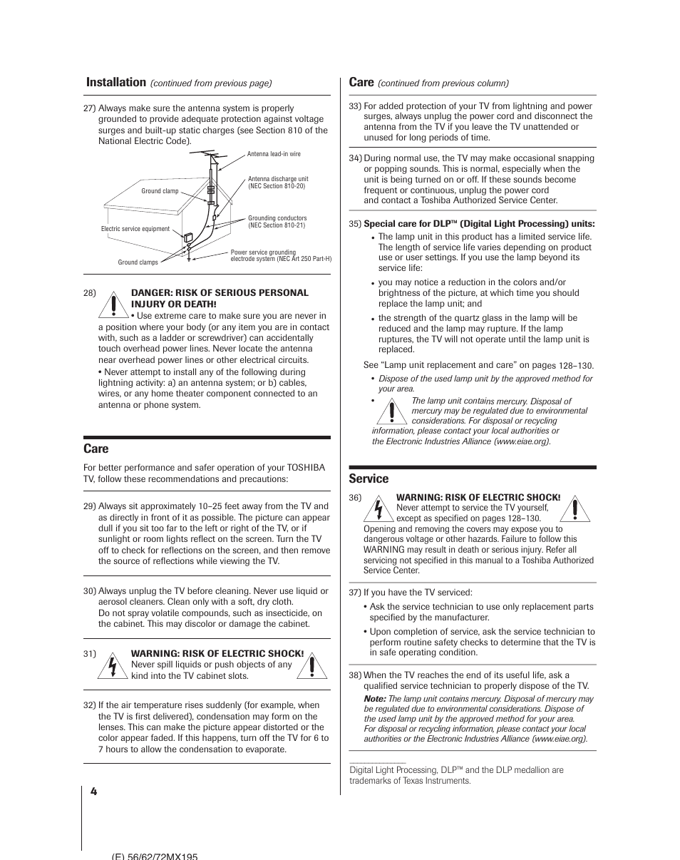 Installation, Care, Service | Toshiba 62MX195 User Manual | Page 4 / 136