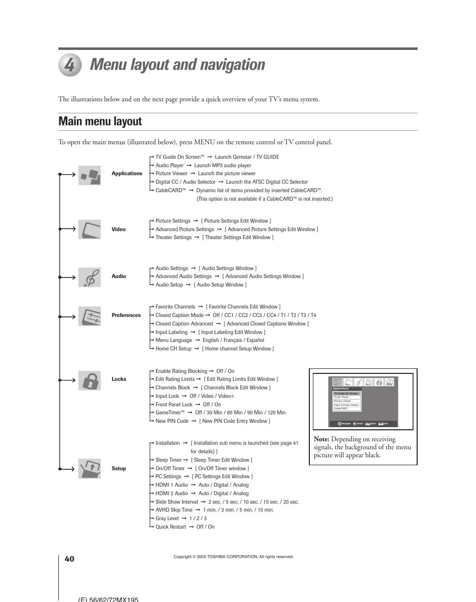 Menu layout and navigation, Main menu layout | Toshiba 62MX195 User Manual | Page 40 / 136