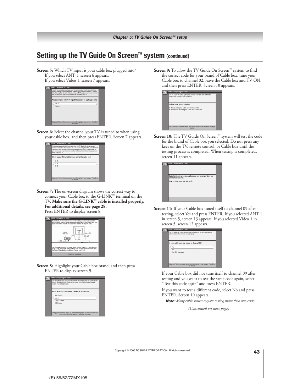 Setting up the tv guide on screen™ system | Toshiba 62MX195 User Manual | Page 43 / 136