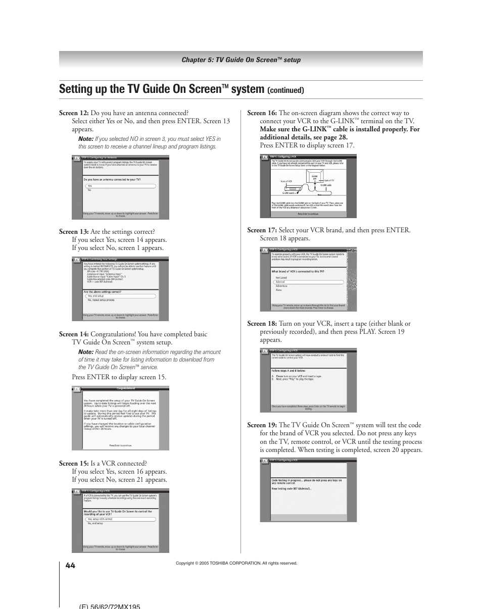 Setting up the tv guide on screen™ system | Toshiba 62MX195 User Manual | Page 44 / 136