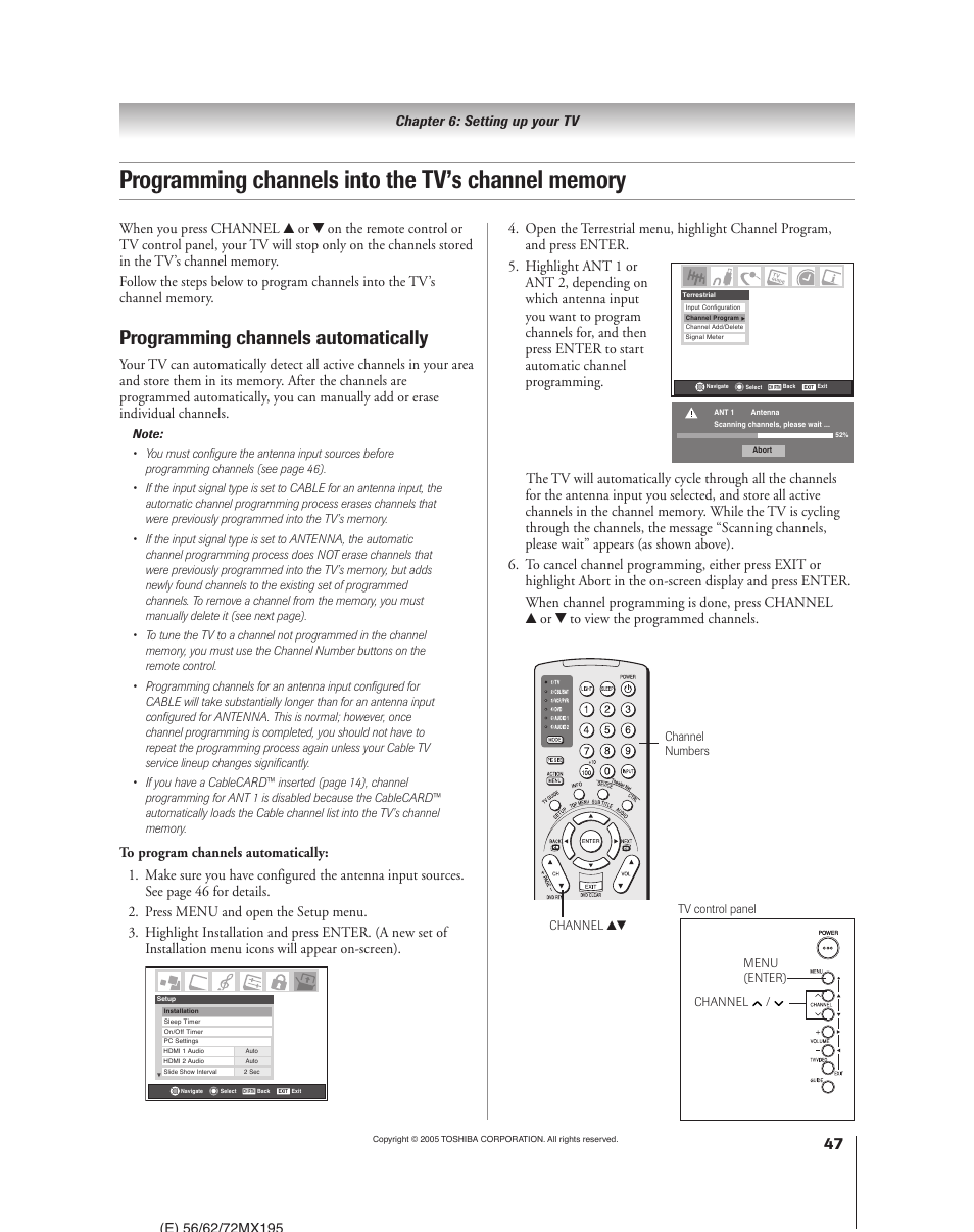 Programming channels automatically | Toshiba 62MX195 User Manual | Page 47 / 136