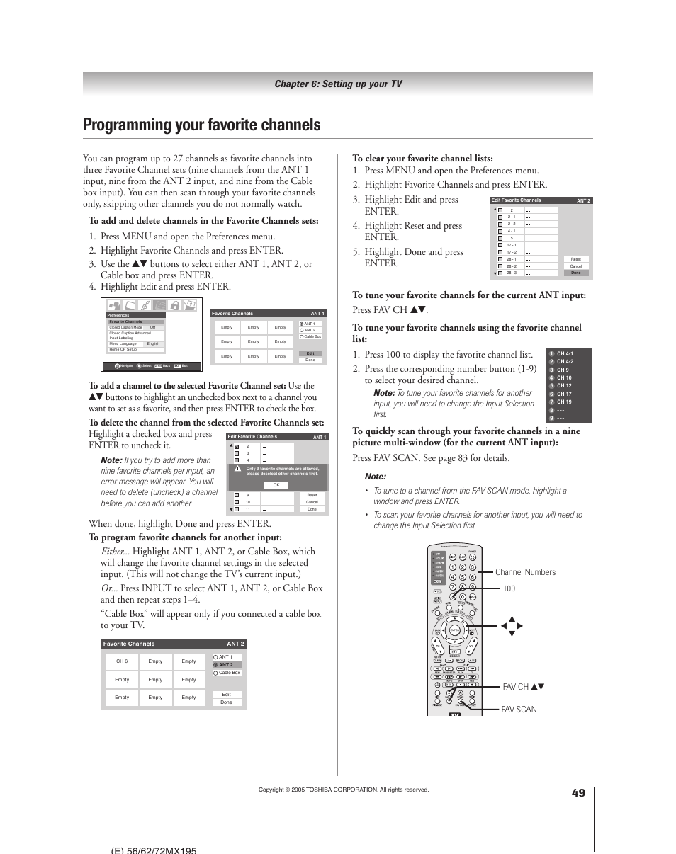 Programming your favorite channels, Fav scan fav ch yz, Channel numbers 100 | Toshiba 62MX195 User Manual | Page 49 / 136