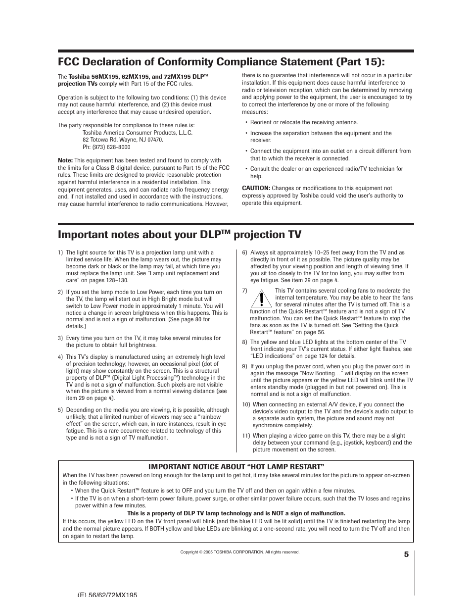 Projection tv | Toshiba 62MX195 User Manual | Page 5 / 136