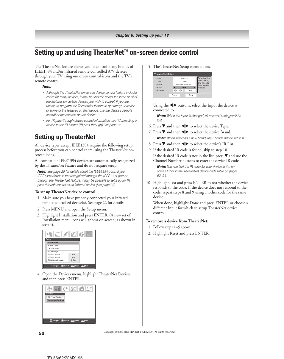 Setting up theaternet, The theaternet setup menu opens | Toshiba 62MX195 User Manual | Page 50 / 136