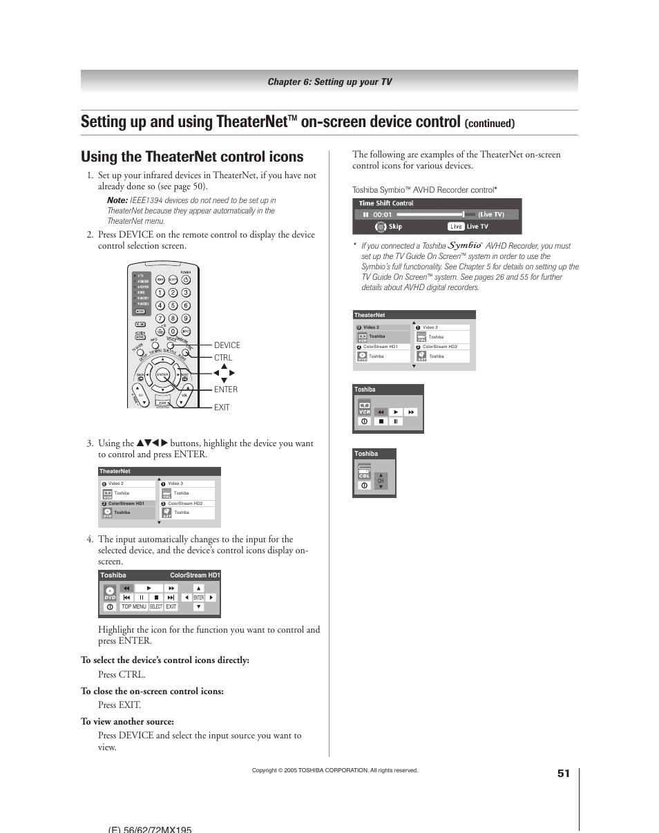 Using the theaternet control icons, Continued) | Toshiba 62MX195 User Manual | Page 51 / 136