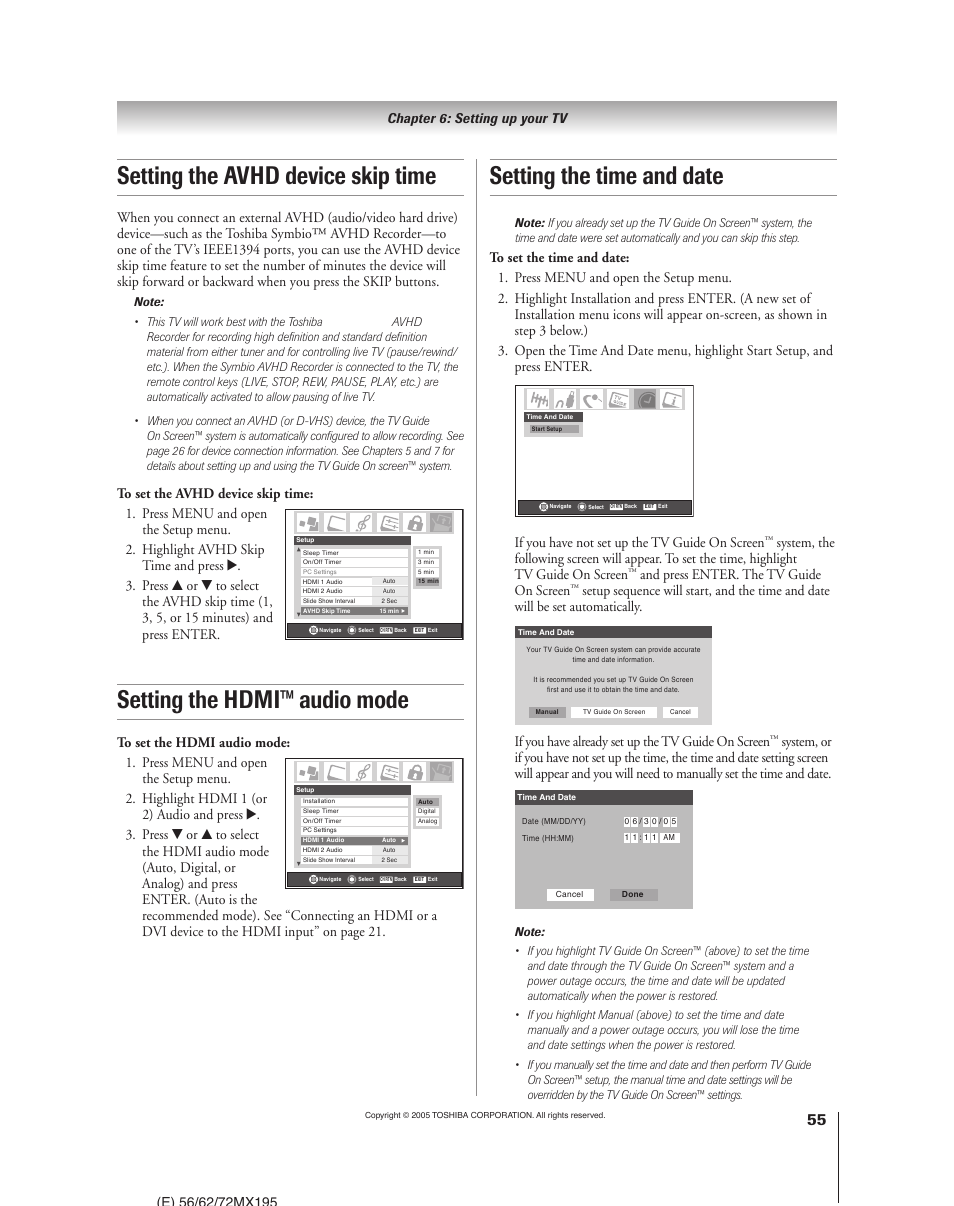 Setting the avhd device skip time, Setting the hdmi™ audio mode, Setting the time and date | If you have not set up the tv guide on screen, And press enter. the tv guide on screen, If you have already set up the tv guide on screen | Toshiba 62MX195 User Manual | Page 55 / 136