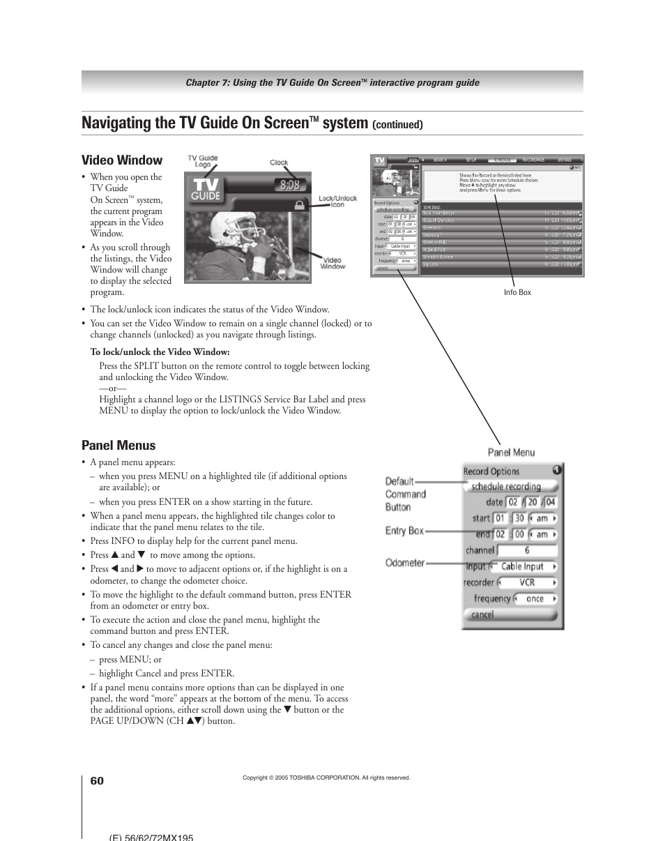 Navigating the tv guide on screen™ system, Panel menus, Video window | Toshiba 62MX195 User Manual | Page 60 / 136