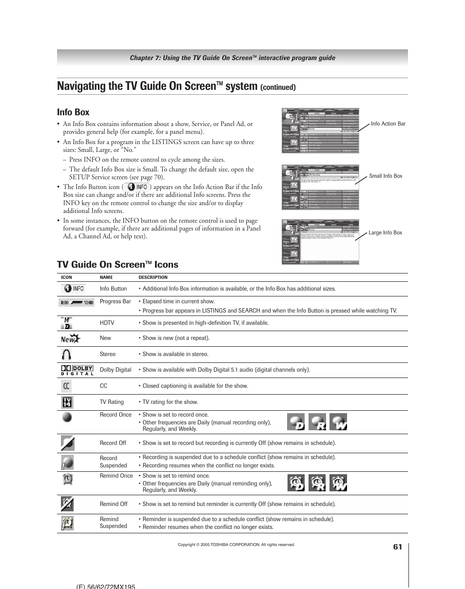 Navigating the tv guide on screen™ system, Tv guide on screen™ icons, Info box | Toshiba 62MX195 User Manual | Page 61 / 136