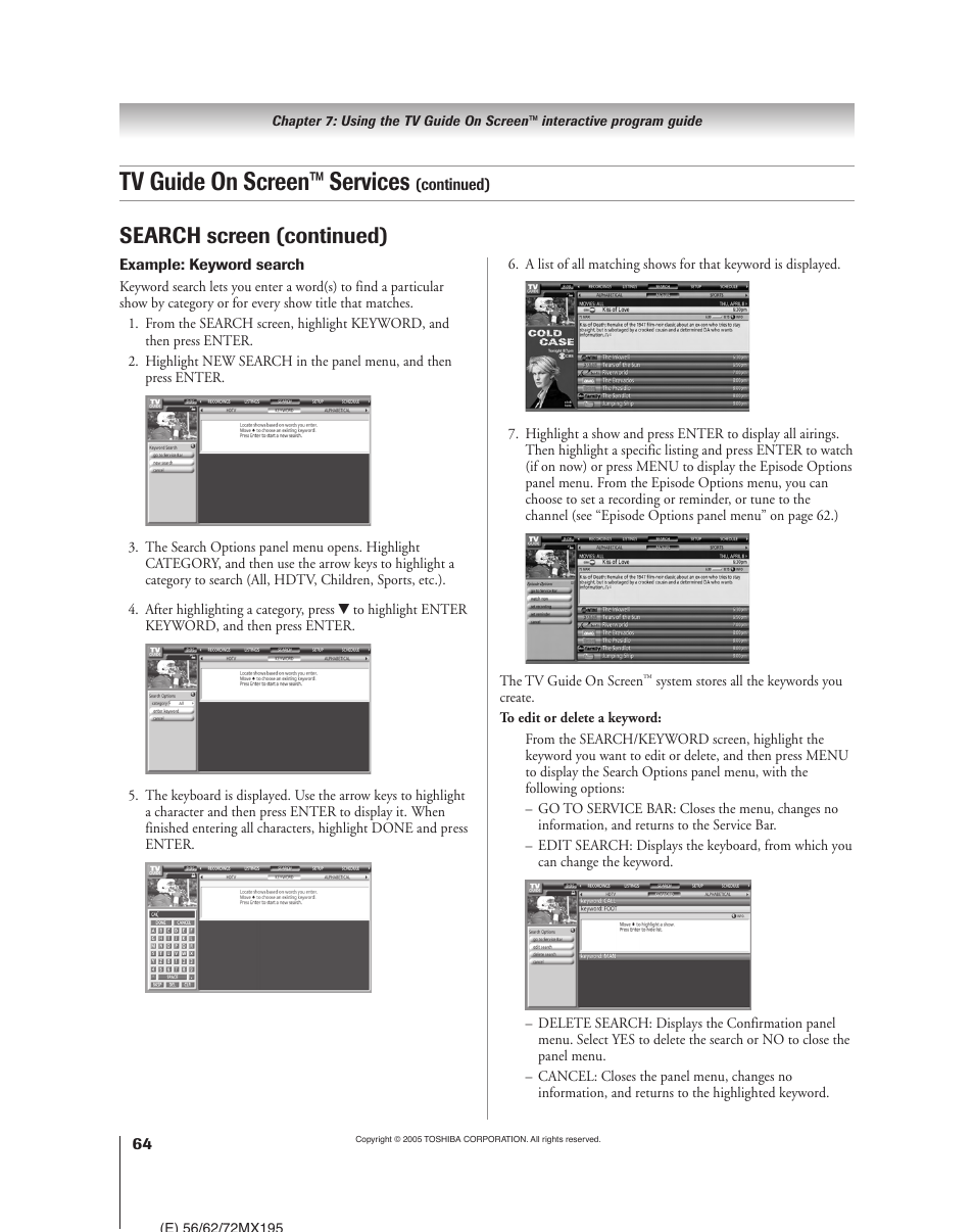 Tv guide on screen™ services, Search screen (continued) | Toshiba 62MX195 User Manual | Page 64 / 136