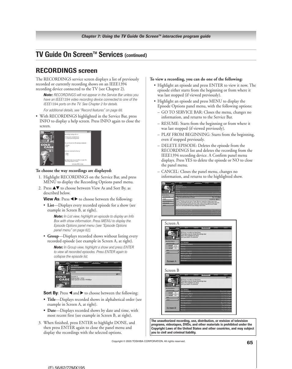 Tv guide on screen™ services, Recordings screen | Toshiba 62MX195 User Manual | Page 65 / 136