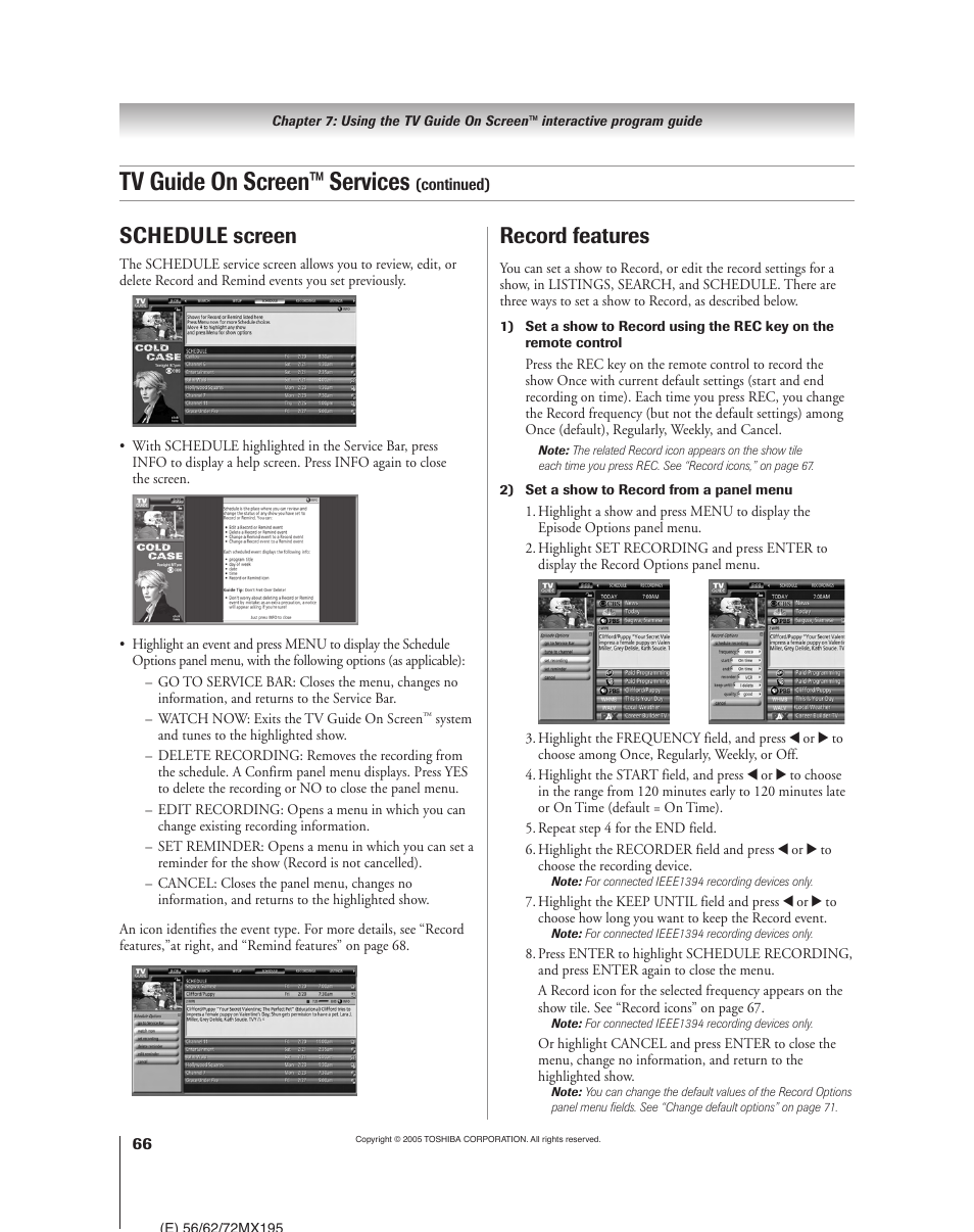 Tv guide on screen™ services, Schedule screen, Record features | Toshiba 62MX195 User Manual | Page 66 / 136