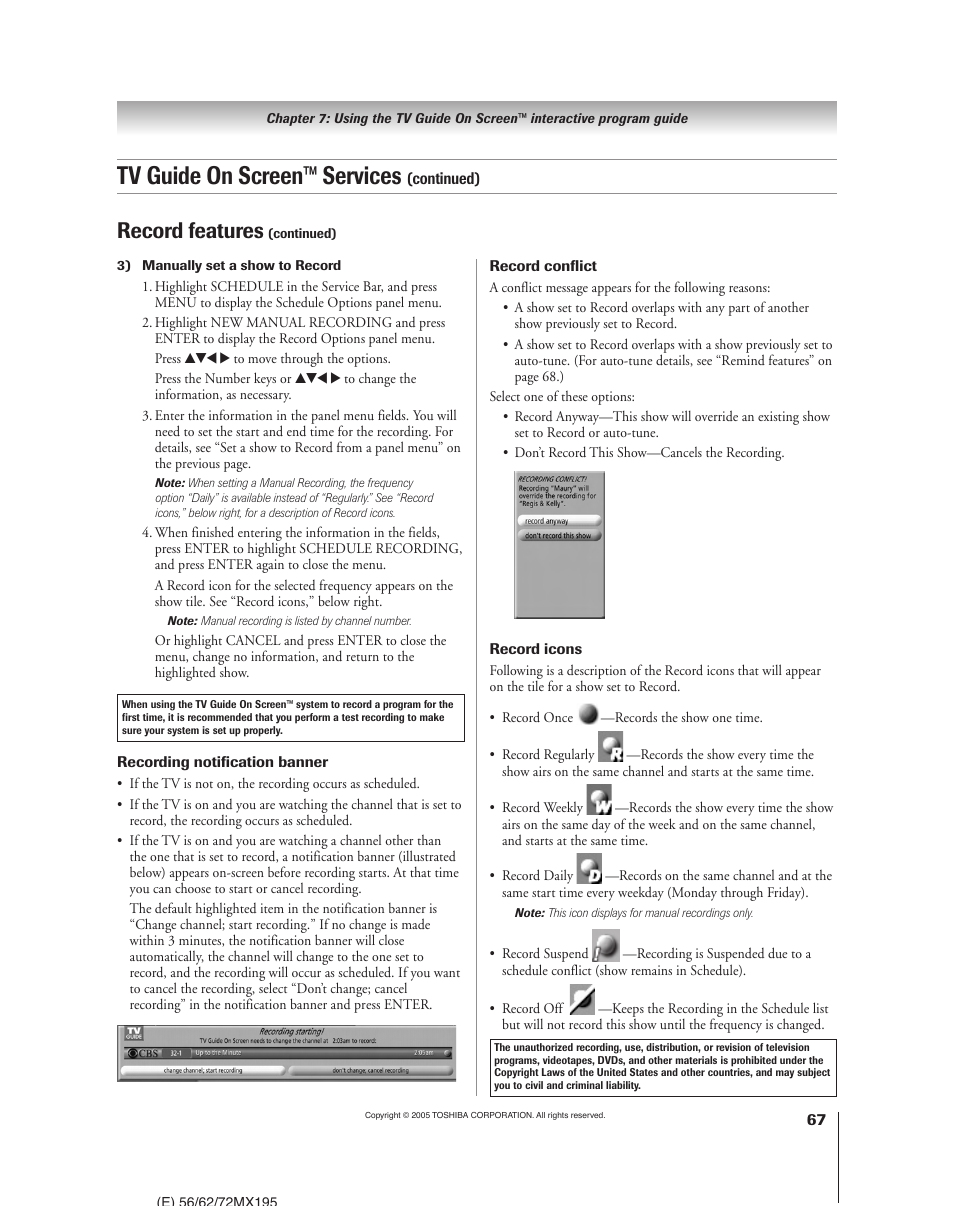 Tv guide on screen™ services, Record features | Toshiba 62MX195 User Manual | Page 67 / 136