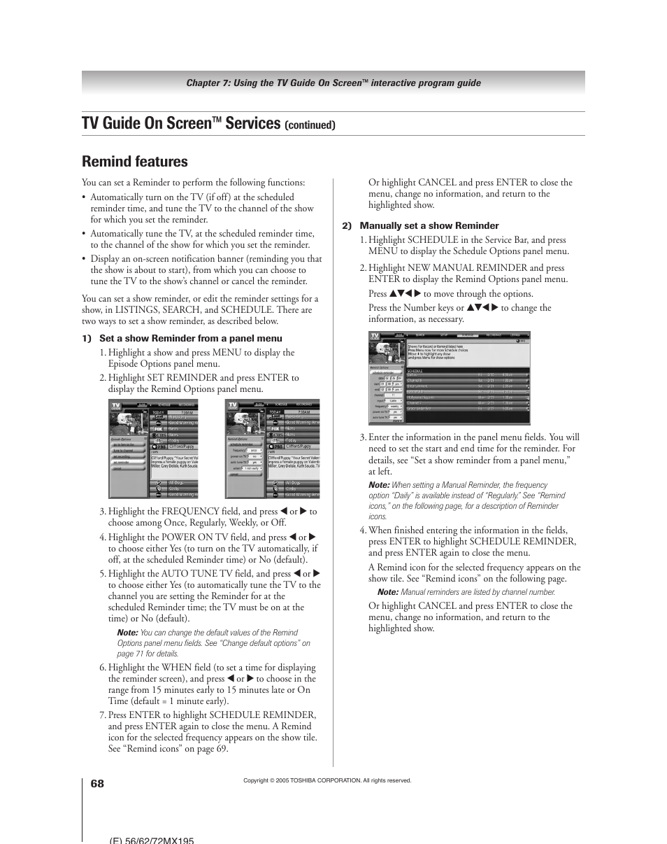 Tv guide on screen™ services, Remind features | Toshiba 62MX195 User Manual | Page 68 / 136