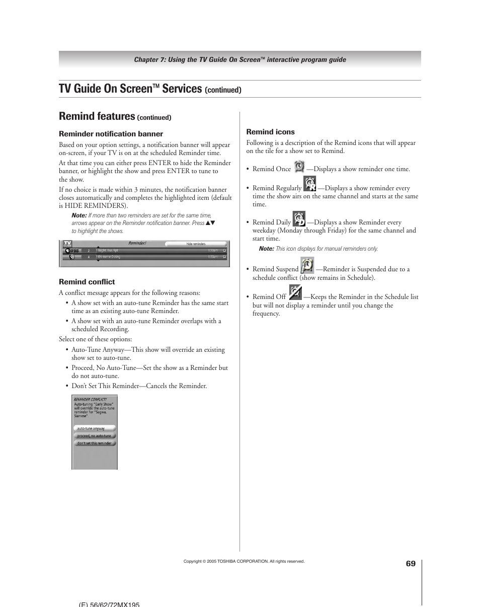 Tv guide on screen™ services, Remind features | Toshiba 62MX195 User Manual | Page 69 / 136