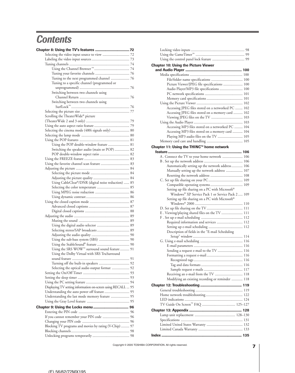 Toshiba 62MX195 User Manual | Page 7 / 136