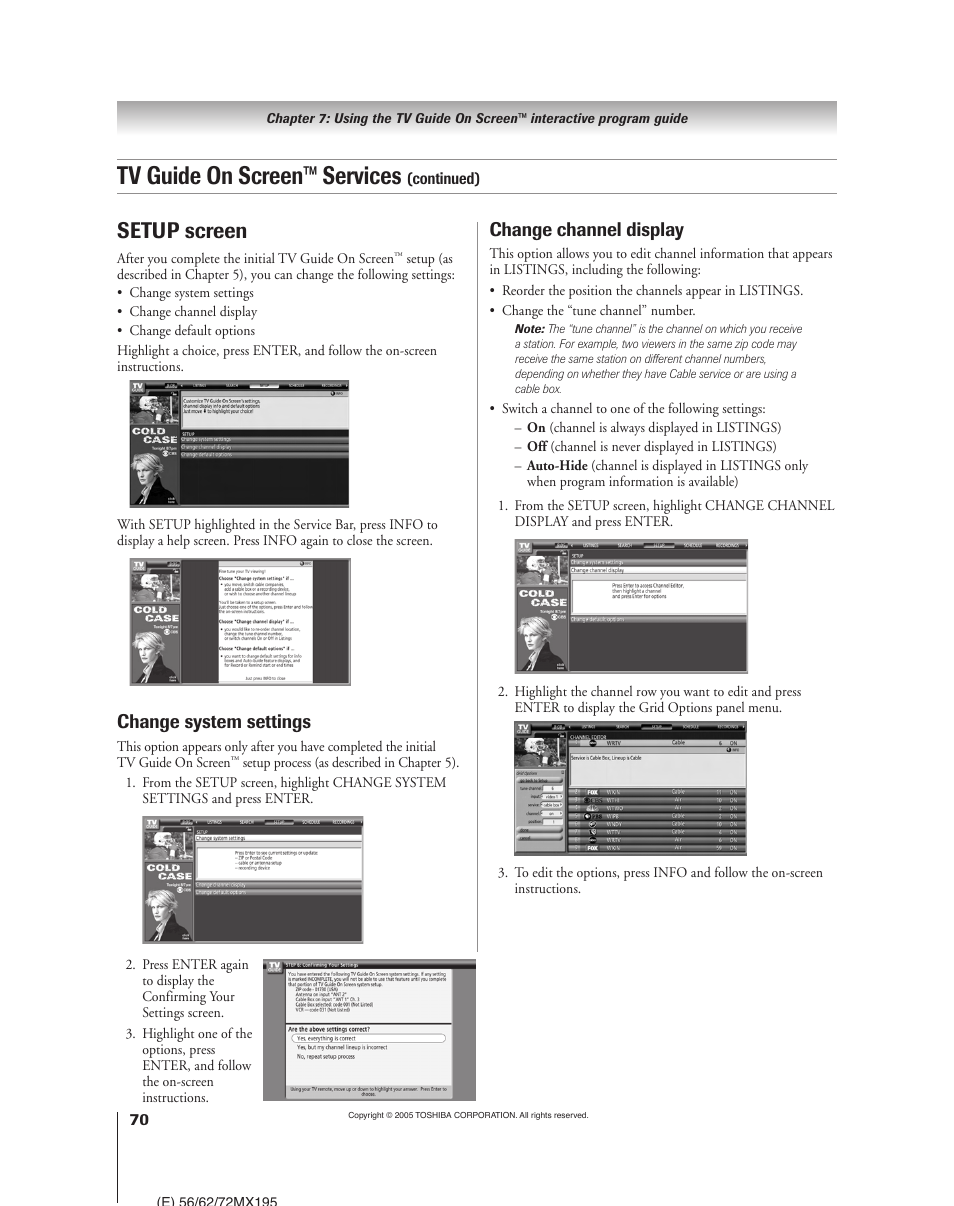 Tv guide on screen™ services, Setup screen, Change system settings | Change channel display | Toshiba 62MX195 User Manual | Page 70 / 136