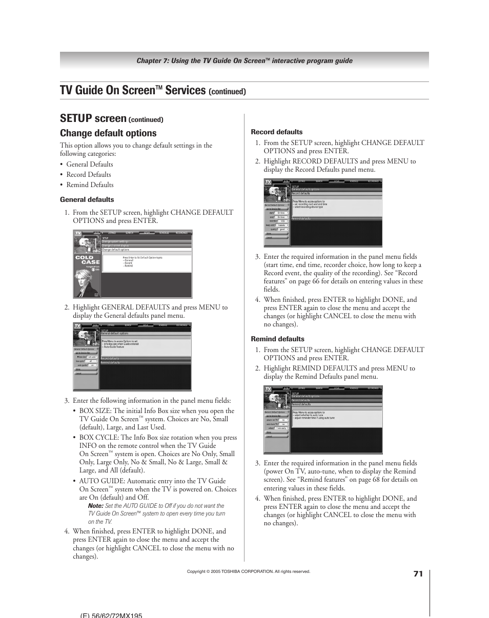 Tv guide on screen™ services, Setup screen, Change default options | Toshiba 62MX195 User Manual | Page 71 / 136