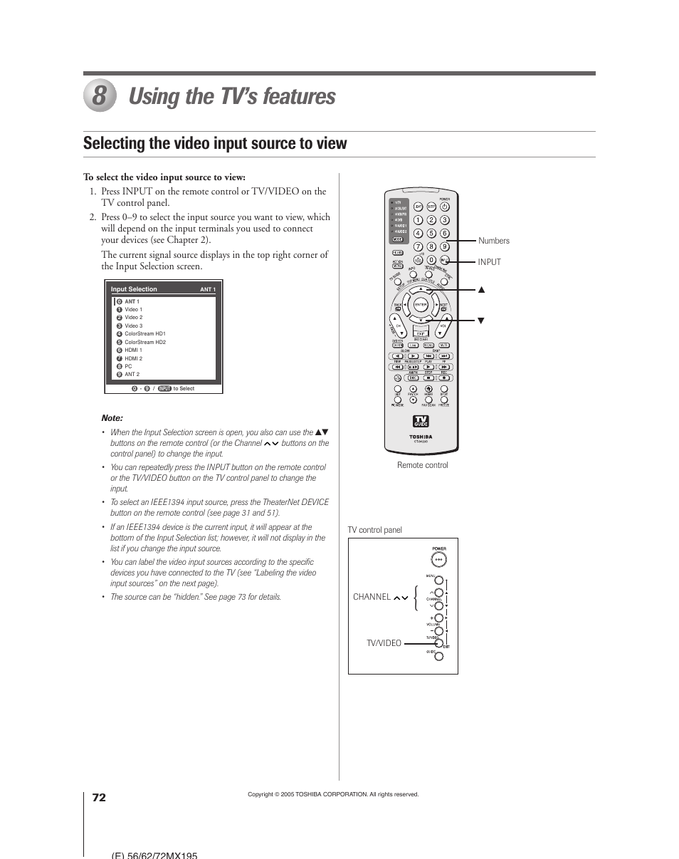 Using the tv’s features, Selecting the video input source to view | Toshiba 62MX195 User Manual | Page 72 / 136