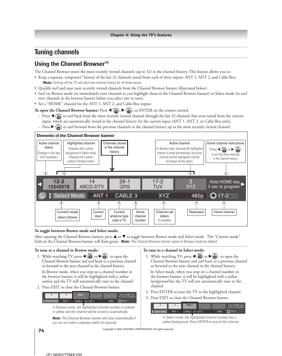 Tuning channels, Using the channel browser, Abcd-dtv | Toshiba 62MX195 User Manual | Page 74 / 136