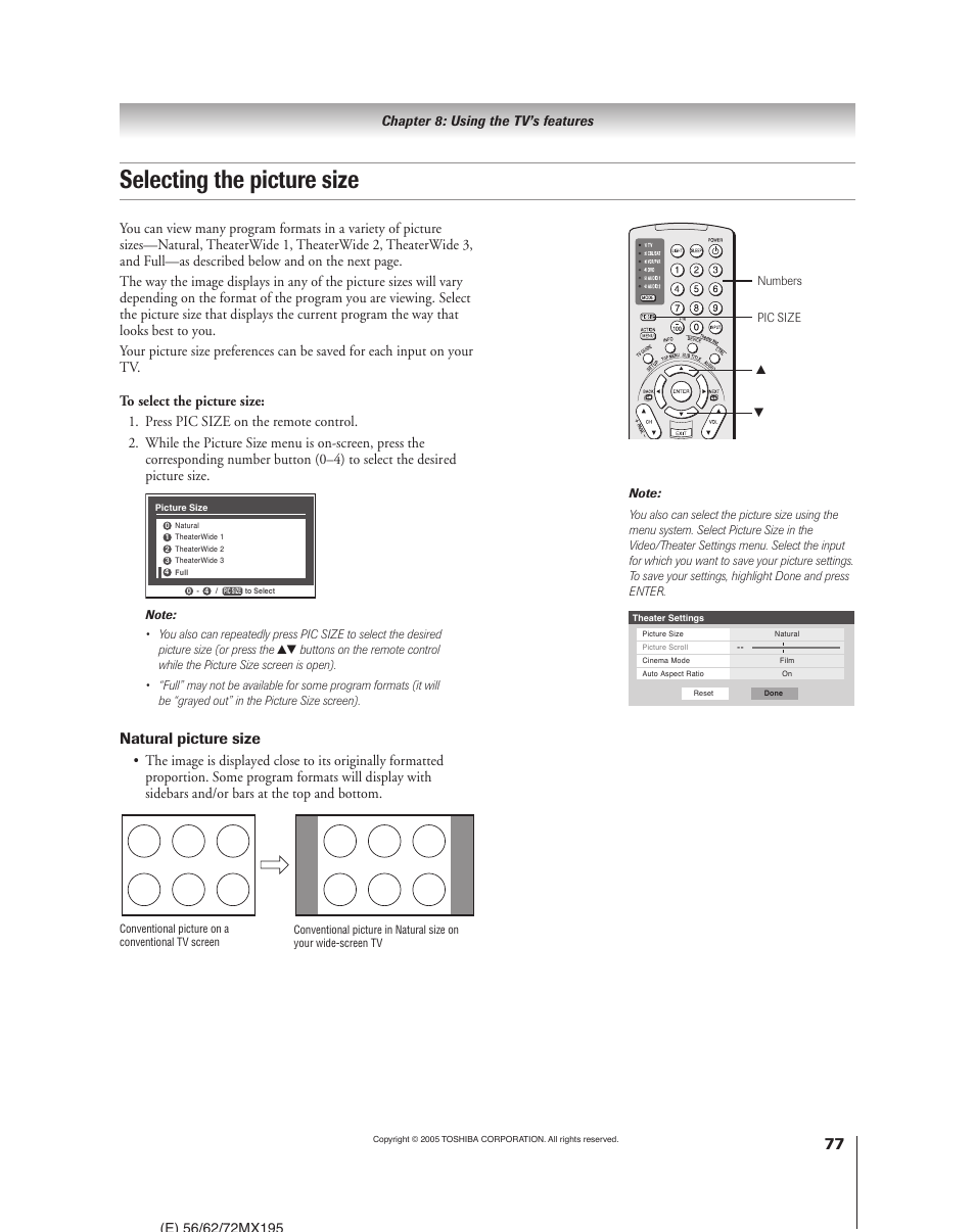 Selecting the picture size, Natural picture size | Toshiba 62MX195 User Manual | Page 77 / 136