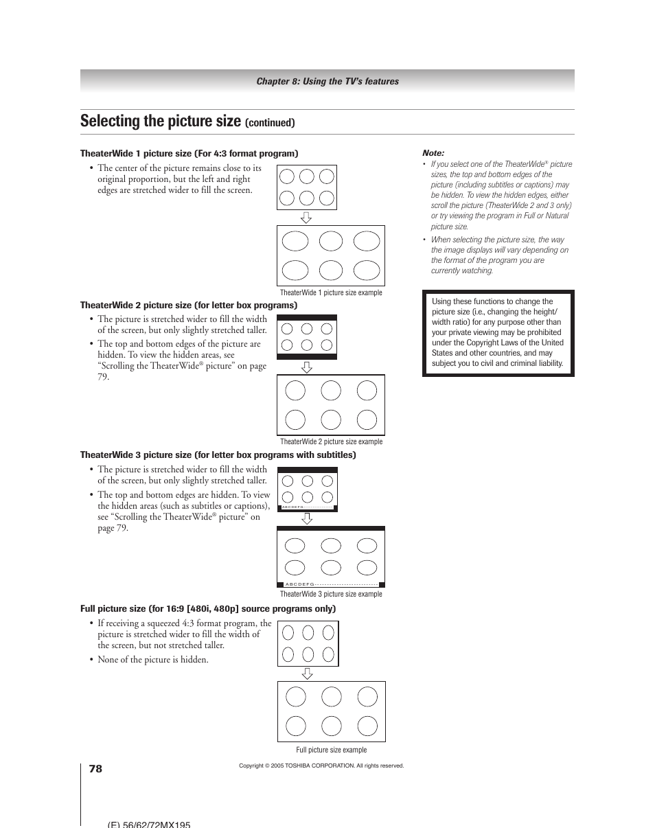 Selecting the picture size, Continued) | Toshiba 62MX195 User Manual | Page 78 / 136