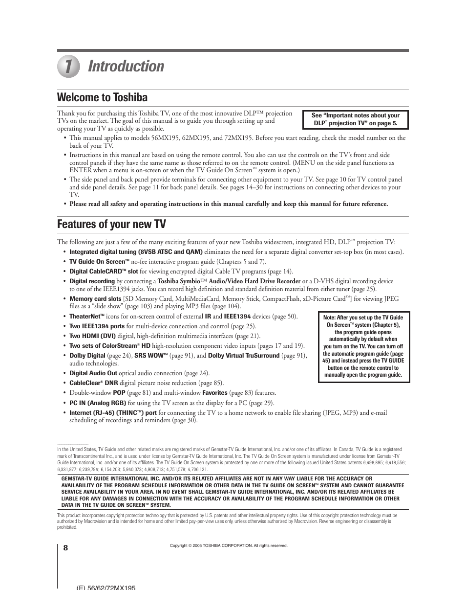 Introduction, Welcome to toshiba features of your new tv | Toshiba 62MX195 User Manual | Page 8 / 136