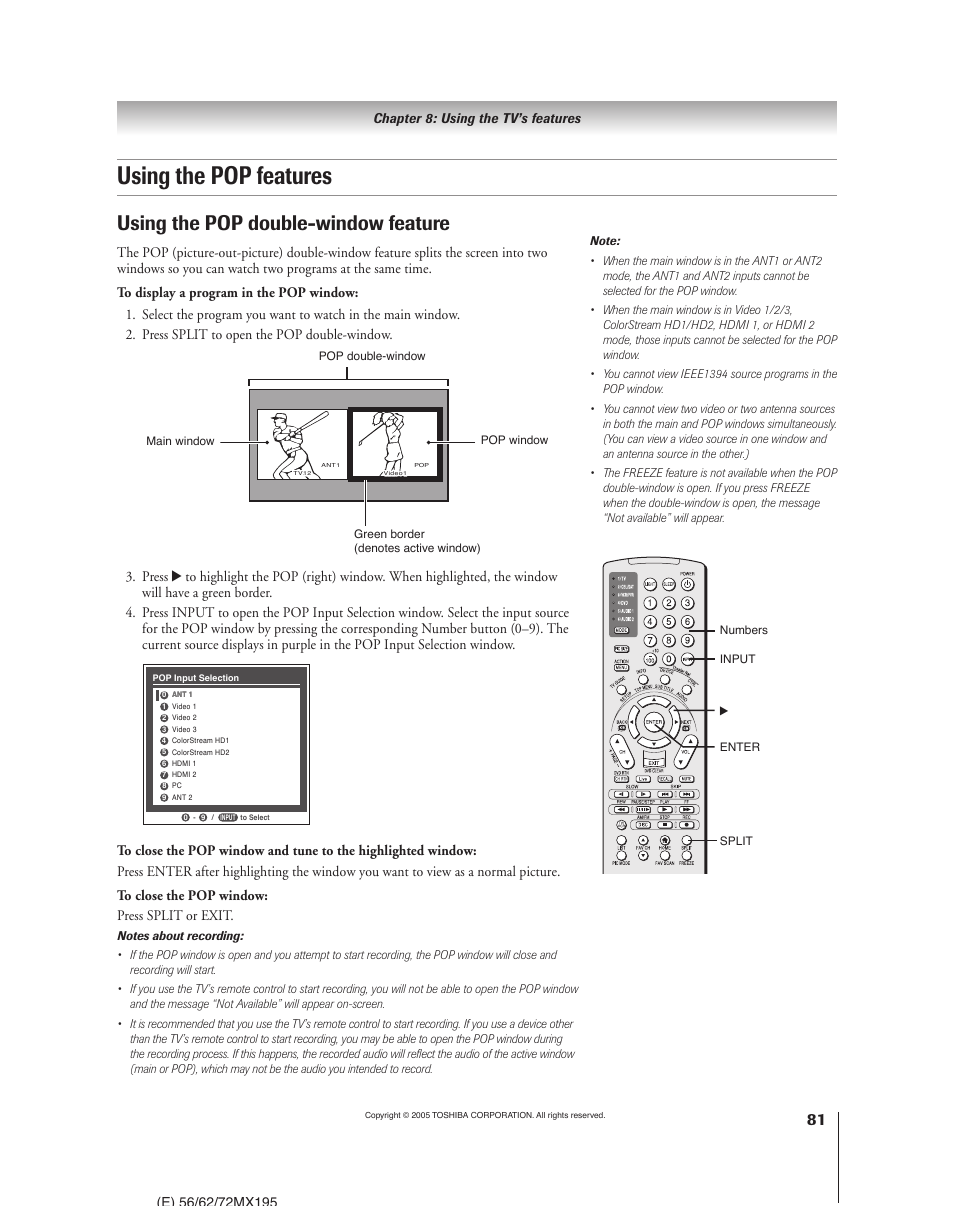 Using the pop features, Using the pop double-window feature | Toshiba 62MX195 User Manual | Page 81 / 136