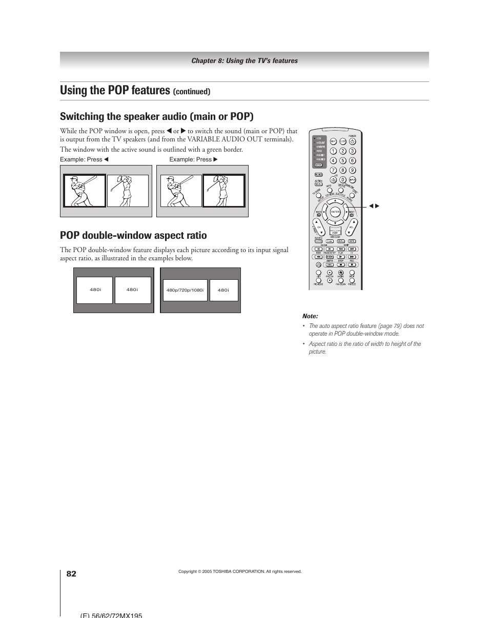 Using the pop features, Switching the speaker audio (main or pop), Pop double-window aspect ratio | Toshiba 62MX195 User Manual | Page 82 / 136