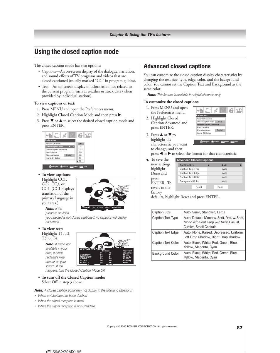 Using the closed caption mode, Advanced closed captions | Toshiba 62MX195 User Manual | Page 87 / 136