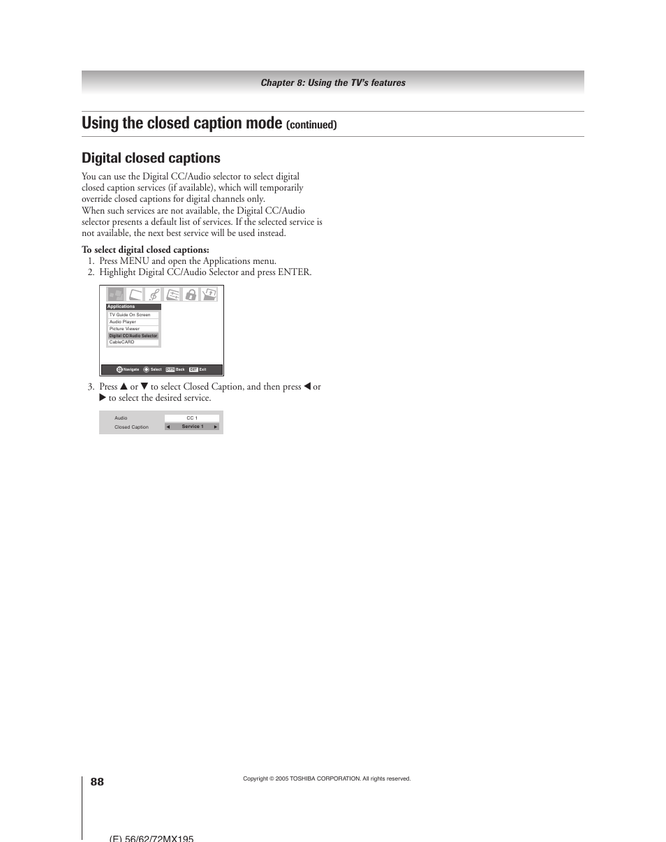 Using the closed caption mode, Digital closed captions, Continued) | Toshiba 62MX195 User Manual | Page 88 / 136