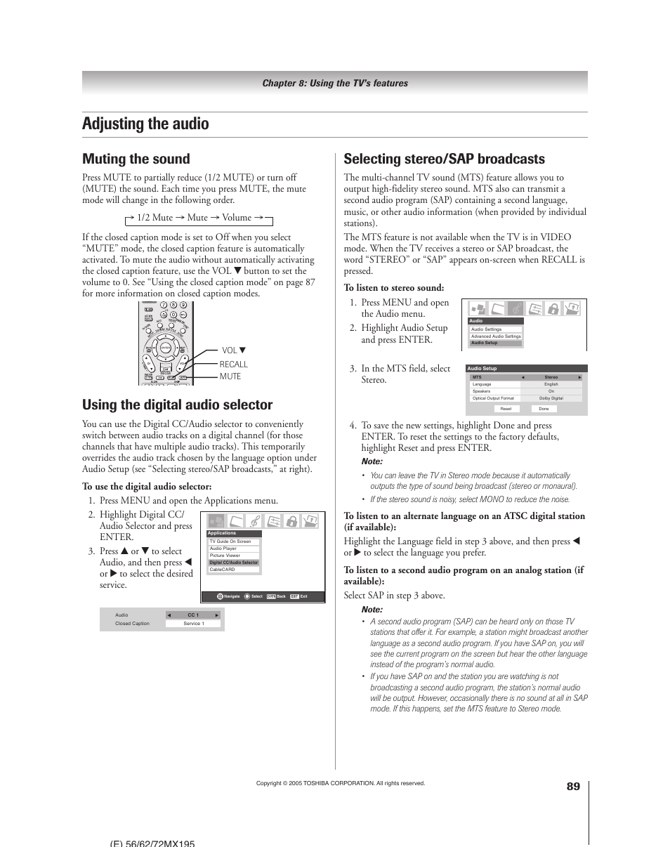 Adjusting the audio, Muting the sound, Selecting stereo/sap broadcasts | Using the digital audio selector | Toshiba 62MX195 User Manual | Page 89 / 136