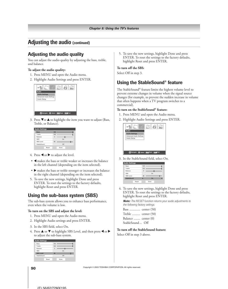 Adjusting the audio, Adjusting the audio quality, Using the sub-bass system (sbs) | Using the stablesound, Feature, Continued), The stablesound, Chapter 8: using the tv’s features | Toshiba 62MX195 User Manual | Page 90 / 136