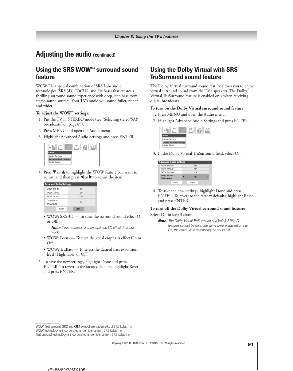 Adjusting the audio, Using the srs wow™ surround sound feature, Continued) | Toshiba 62MX195 User Manual | Page 91 / 136