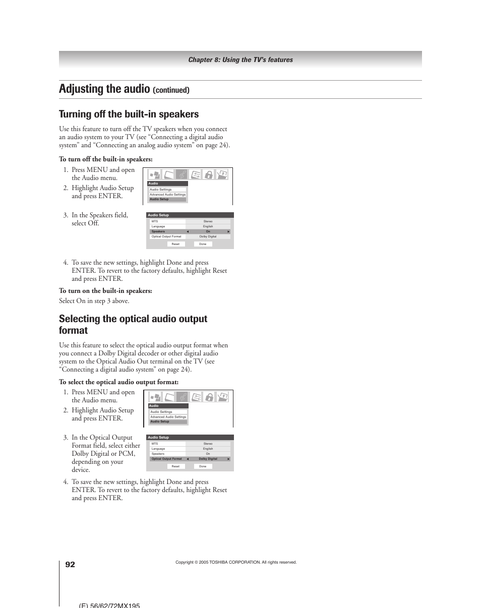 Adjusting the audio, Turning off the built-in speakers, Selecting the optical audio output format | Continued) | Toshiba 62MX195 User Manual | Page 92 / 136