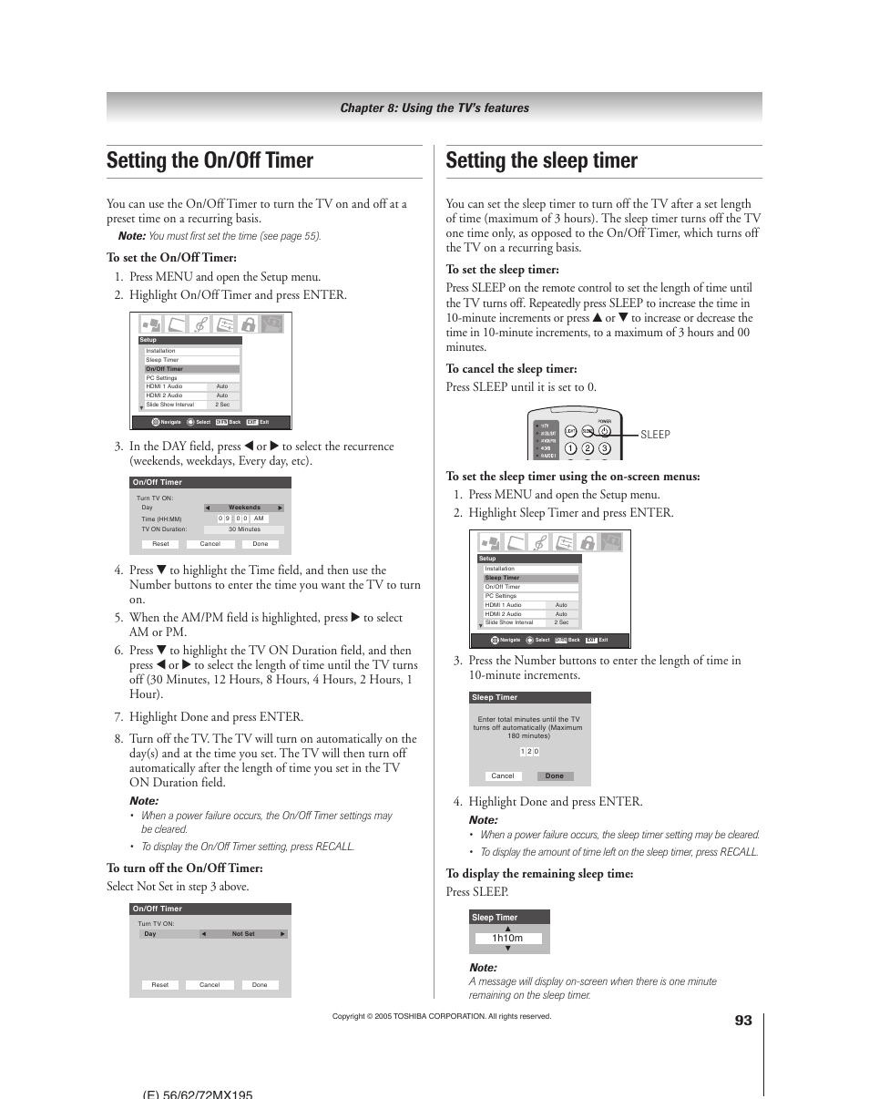 Setting the sleep timer, Setting the on/off timer, Highlight done and press enter | Chapter 8: using the tv’s features | Toshiba 62MX195 User Manual | Page 93 / 136