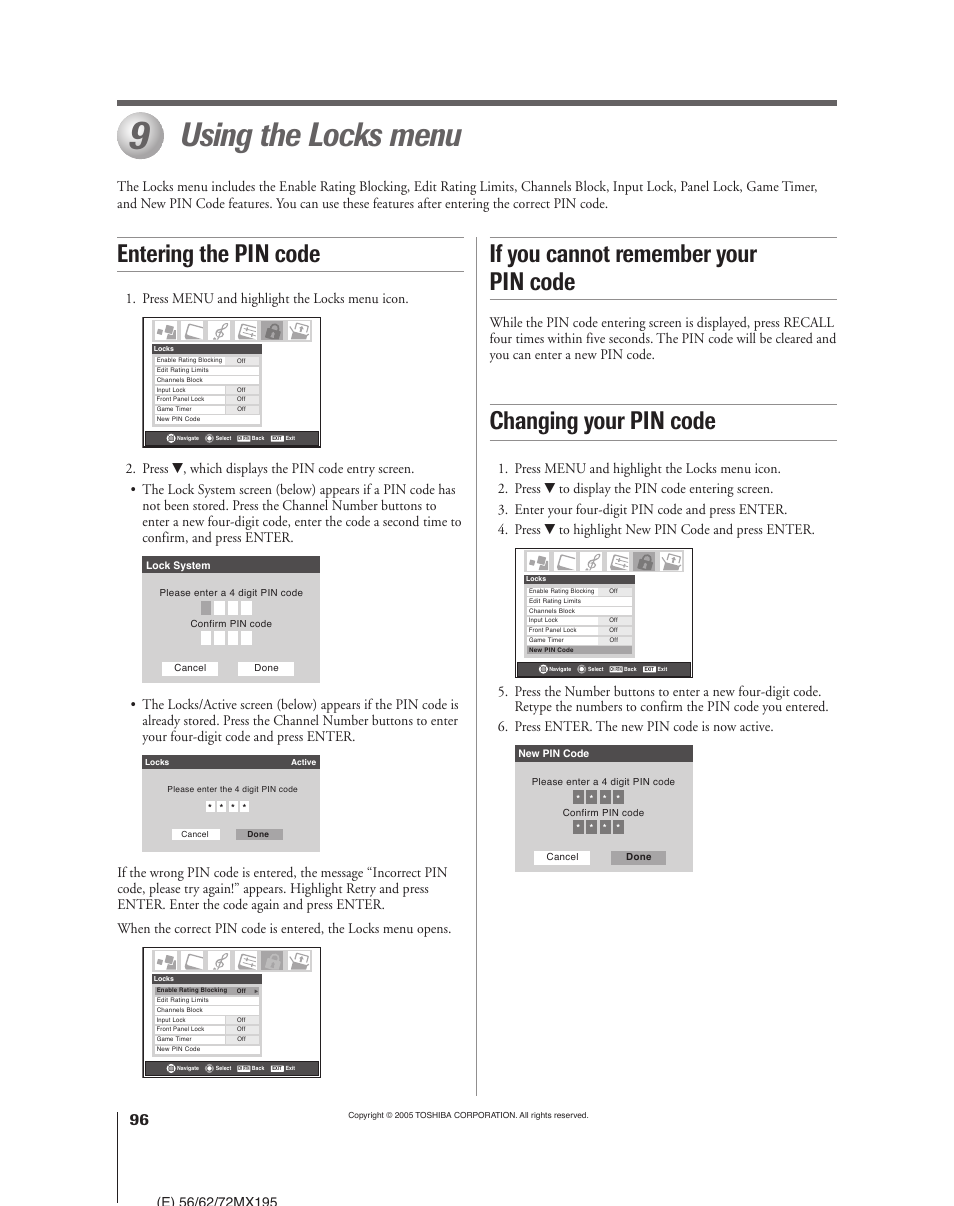 Using the locks menu, If you cannot remember your pin code, Entering the pin code changing your pin code | Press menu and highlight the locks menu icon | Toshiba 62MX195 User Manual | Page 96 / 136