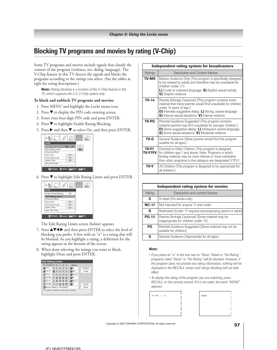 Blocking tv programs and movies by rating (v-chip), Chapter 9: using the locks menu, Independent rating system for broadcasters | Independent rating system for movies | Toshiba 62MX195 User Manual | Page 97 / 136