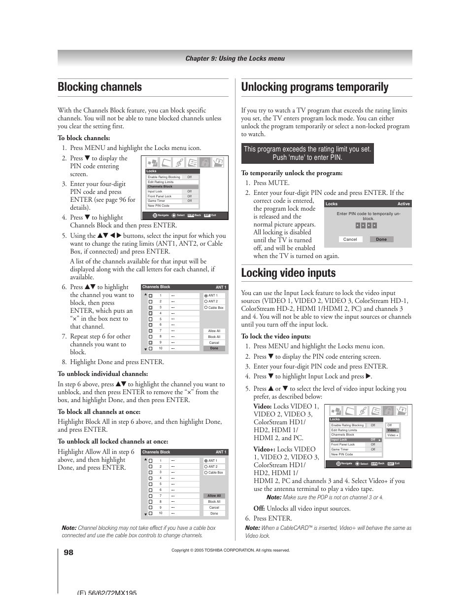 Locking video inputs, Blocking channels, Unlocking programs temporarily | Chapter 9: using the locks menu | Toshiba 62MX195 User Manual | Page 98 / 136