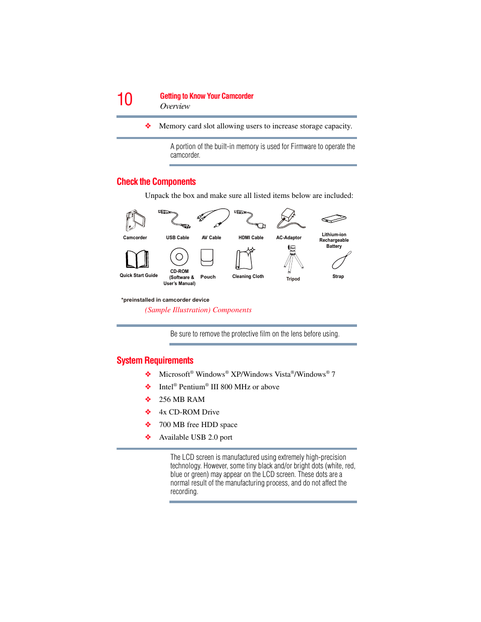 Check the components, System requirements, Check the components system requirements | Overview | Toshiba Camileo S20 User Manual | Page 10 / 138