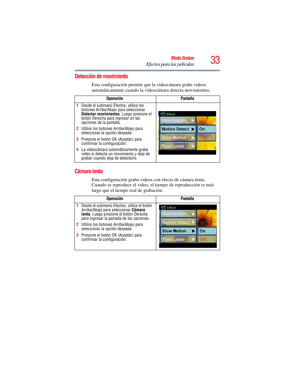 Detección de movimiento, Cámara lenta, Detección de movimiento cámara lenta | Toshiba Camileo S20 User Manual | Page 102 / 138